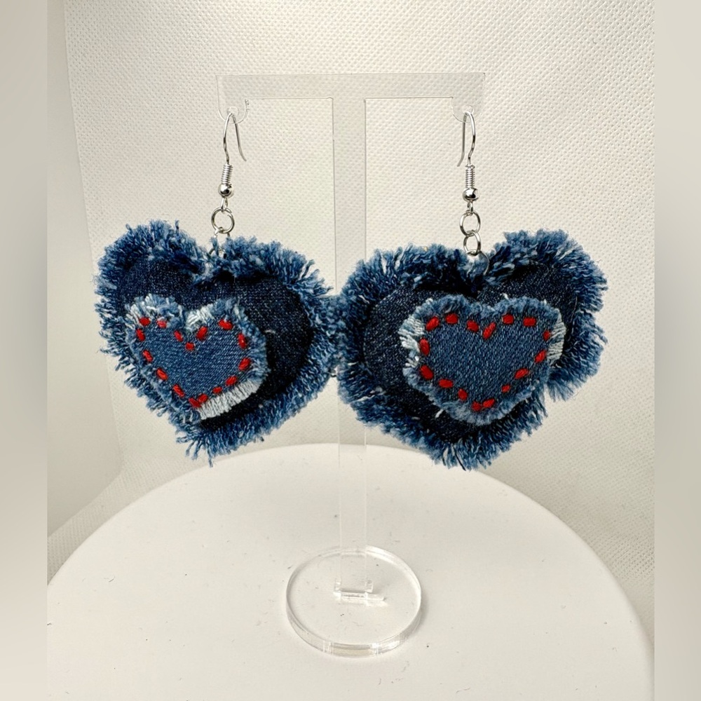 Denim Heart Earrings Handcrafted Embroidered Silver Tone Hypoallergenic - Picture 3 of 5